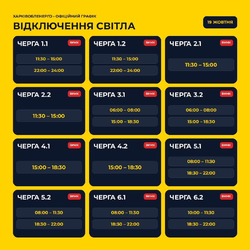 Графік відключень світла для Харківщини на 19 жовтня