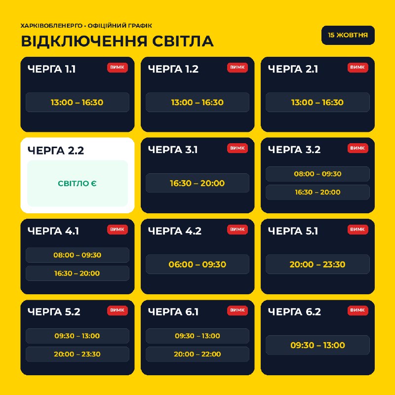 Графік відключень світла для Харківщини на 15 жовтня